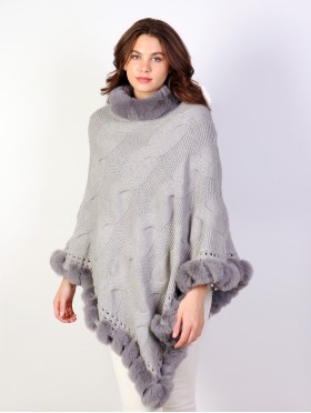 Solid Color Knitted Poncho W/ Fur Collar & Trim